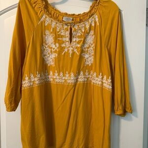 St. John's Bay Mustard Blouse with White Embroidery